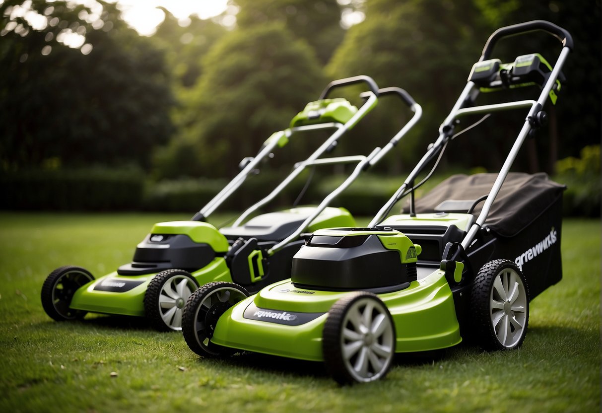 Two cordless lawn mowers side by side, one labeled "Greenworks 80V" and the other "Greenworks 60V." A price tag with a dollar sign is prominently displayed next to each mower