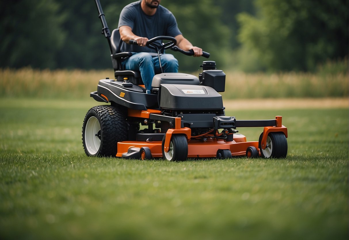 A stander confronts a zero turn mower on a grassy field