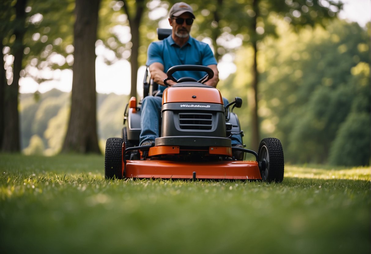 A standard lawnmower cuts grass on a flat, open field. A zero turn lawnmower maneuvers around trees and obstacles in a hilly, wooded landscape