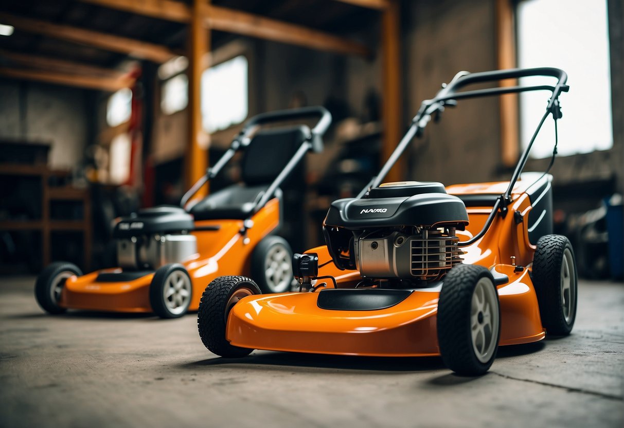 A lawnmower sits in a garage, one with a standard design and the other a zero-turn model. The standard mower appears sturdy and reliable, while the zero-turn looks sleek and agile