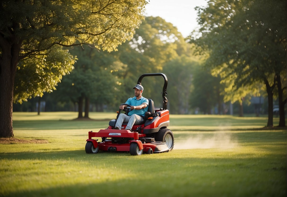 A stander mower easily navigates tight spaces, while a zero-turn mower swiftly covers open areas. Both are equipped with various accessories for different tasks