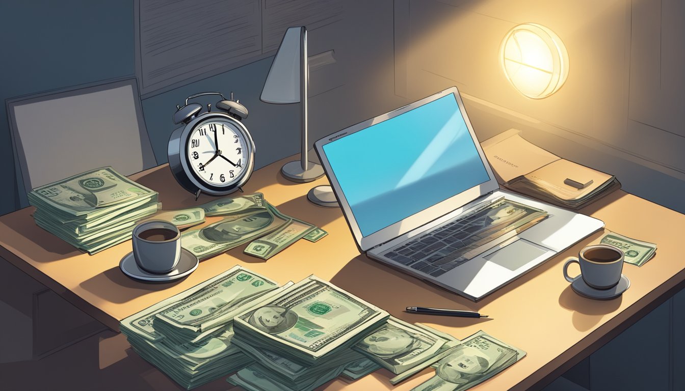 A desk with a laptop, a stack of money, and a clock showing 11:11.</p><p>A beam of light shines on the desk