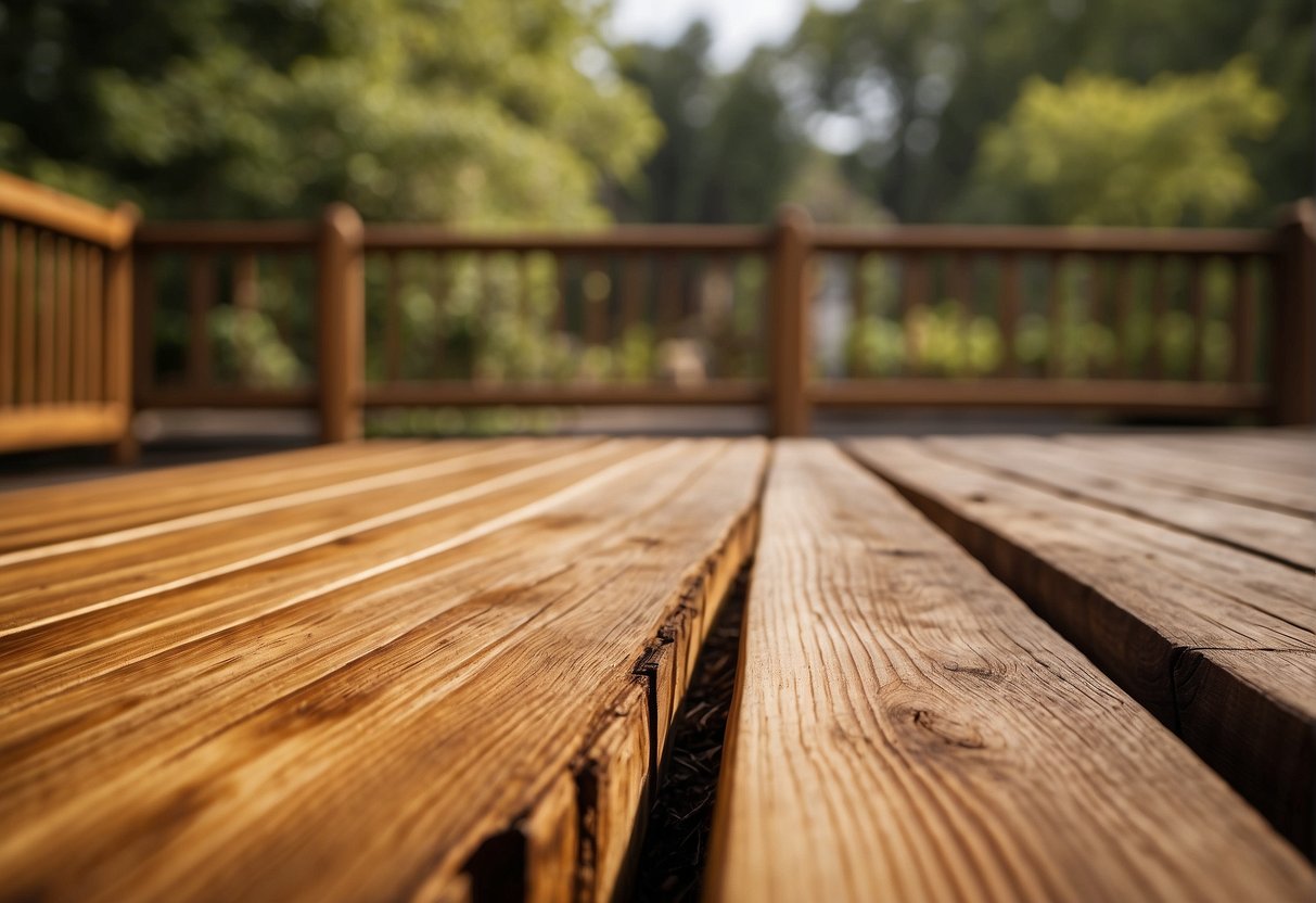 A wooden deck split in half, one side treated with linseed oil, the other with Thompson's Water Seal. The linseed oil side has a warm, natural sheen, while the Water Seal side has a glossy, protective finish