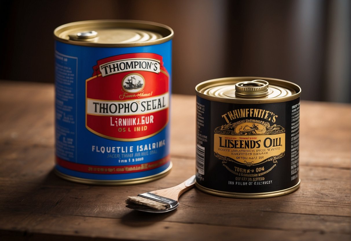 A can of Thompson's Water Seal linseed oil sits next to a can of regular Thompson's Water Seal. Both cans are open, with a paintbrush and a piece of wood nearby