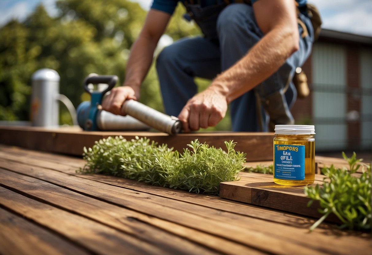 A worker applies linseed oil to a wooden deck, while another worker applies Thompson's Water Seal to a separate deck. Both decks are surrounded by greenery and safety signs