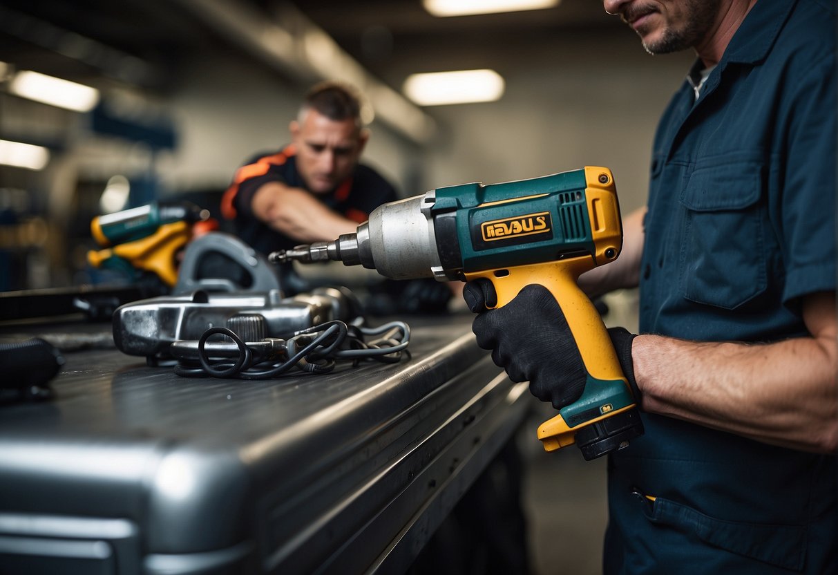 A mechanic uses a corded impact wrench to tighten a bolt while another mechanic uses a cordless impact wrench nearby. Both tools are in action, showing the difference between corded and cordless options
