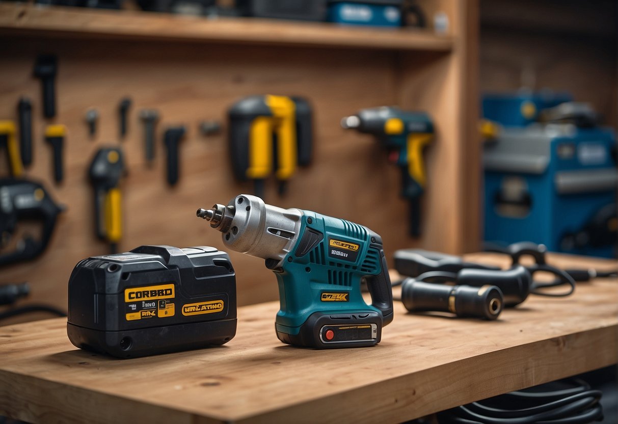 A corded impact wrench sits next to a cordless impact wrench on a workbench, highlighting the difference between the two types of tools