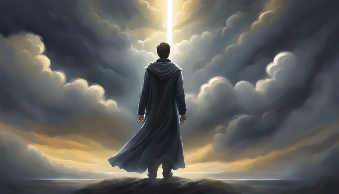 A figure surrounded by dark clouds, reaching towards a shining light