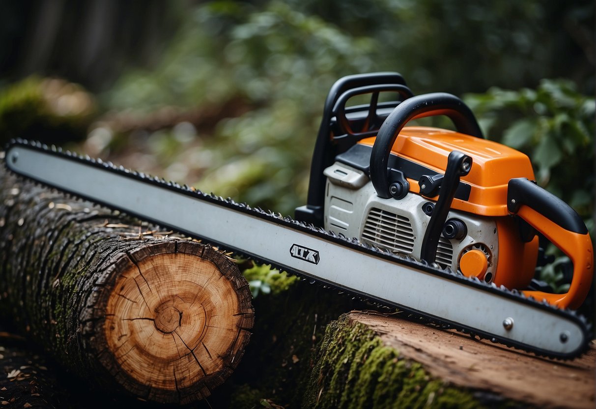 A chainsaw with a long bar length is next to a smaller chainsaw with a higher cc rating