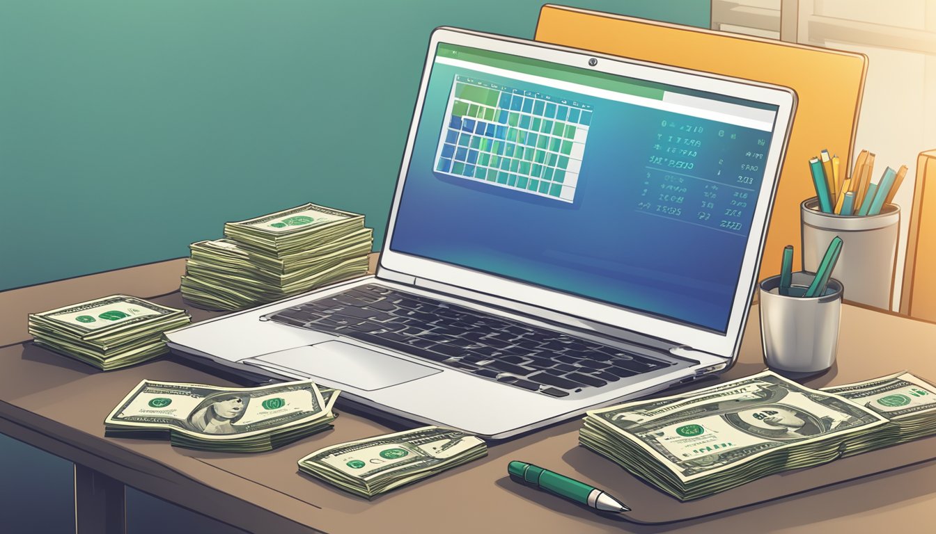 A desk with a stack of money, a calendar showing the number 444, and a laptop with a successful business graph on the screen