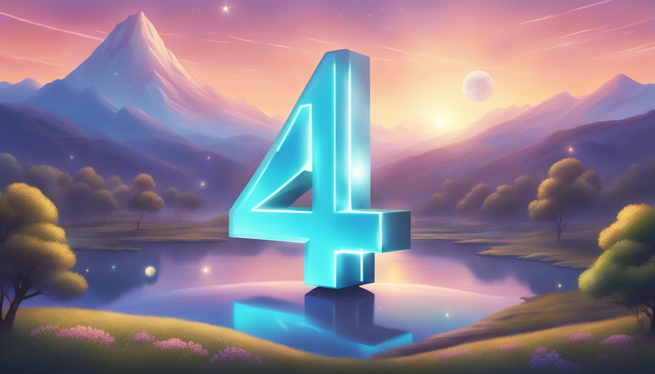 A glowing number "444" hovers above a serene, otherworldly landscape, with celestial beings surrounding it in a peaceful and harmonious manner