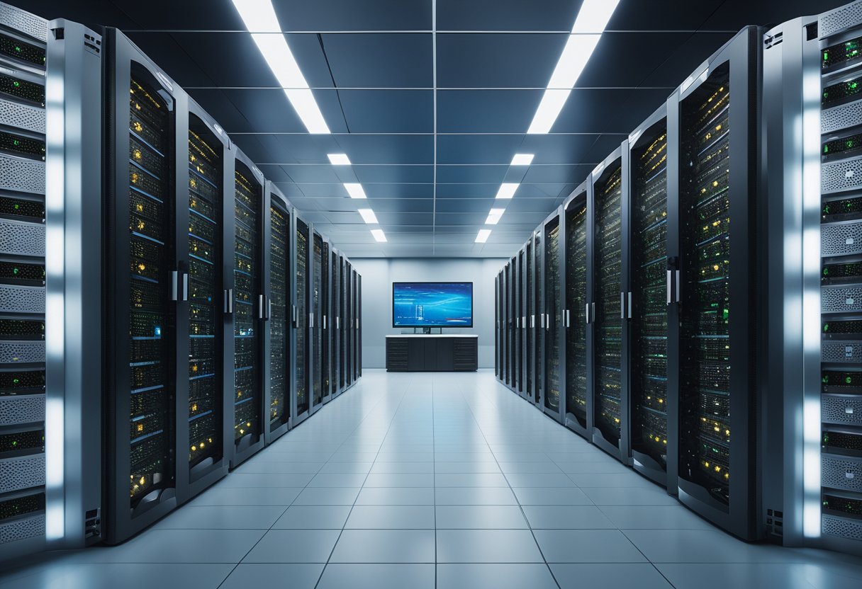 A sleek, modern data center filled with rows of servers and networking equipment, with the Hosting Solutions KnownHost logo prominently displayed