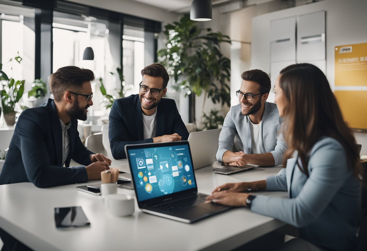 A group of people gather around a table, exchanging ideas and sharing resources. KnownHost logos are visible on laptops and banners