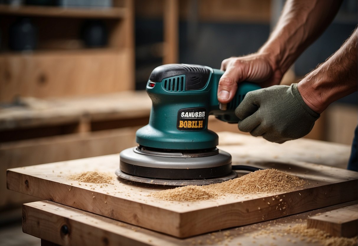 A hand holds a corded sander next to a cordless one on a workbench. Sawdust and wood shavings are scattered around the sanders