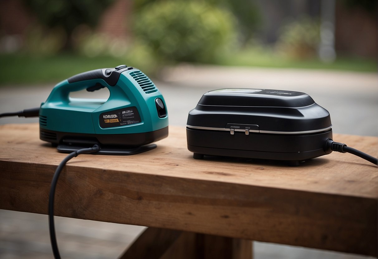 A corded sander plugged into a power outlet, while a cordless sander sits next to a charging station
