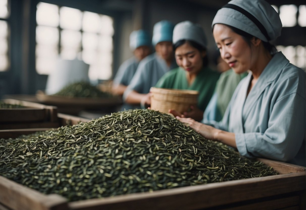 Yin Zhen Silverneedle production process: tea leaves harvested, sorted, and dried in a traditional Chinese tea factory