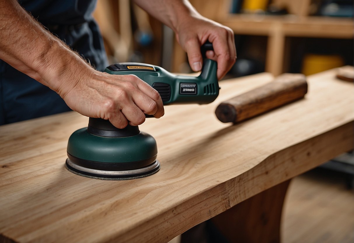 A hand holding a corded sander next to a piece of wood, while a cordless sander sits nearby on a workbench