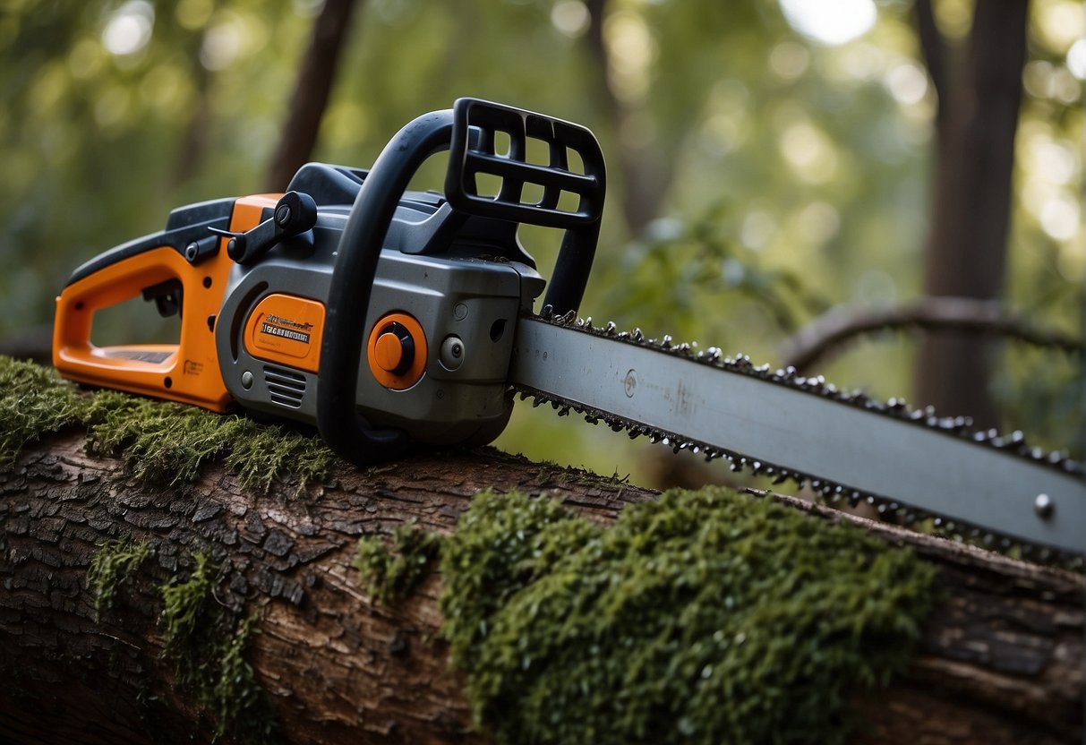 A dull chainsaw blade struggles to cut through a thick tree branch, while a sharp chainsaw blade effortlessly slices through the same branch