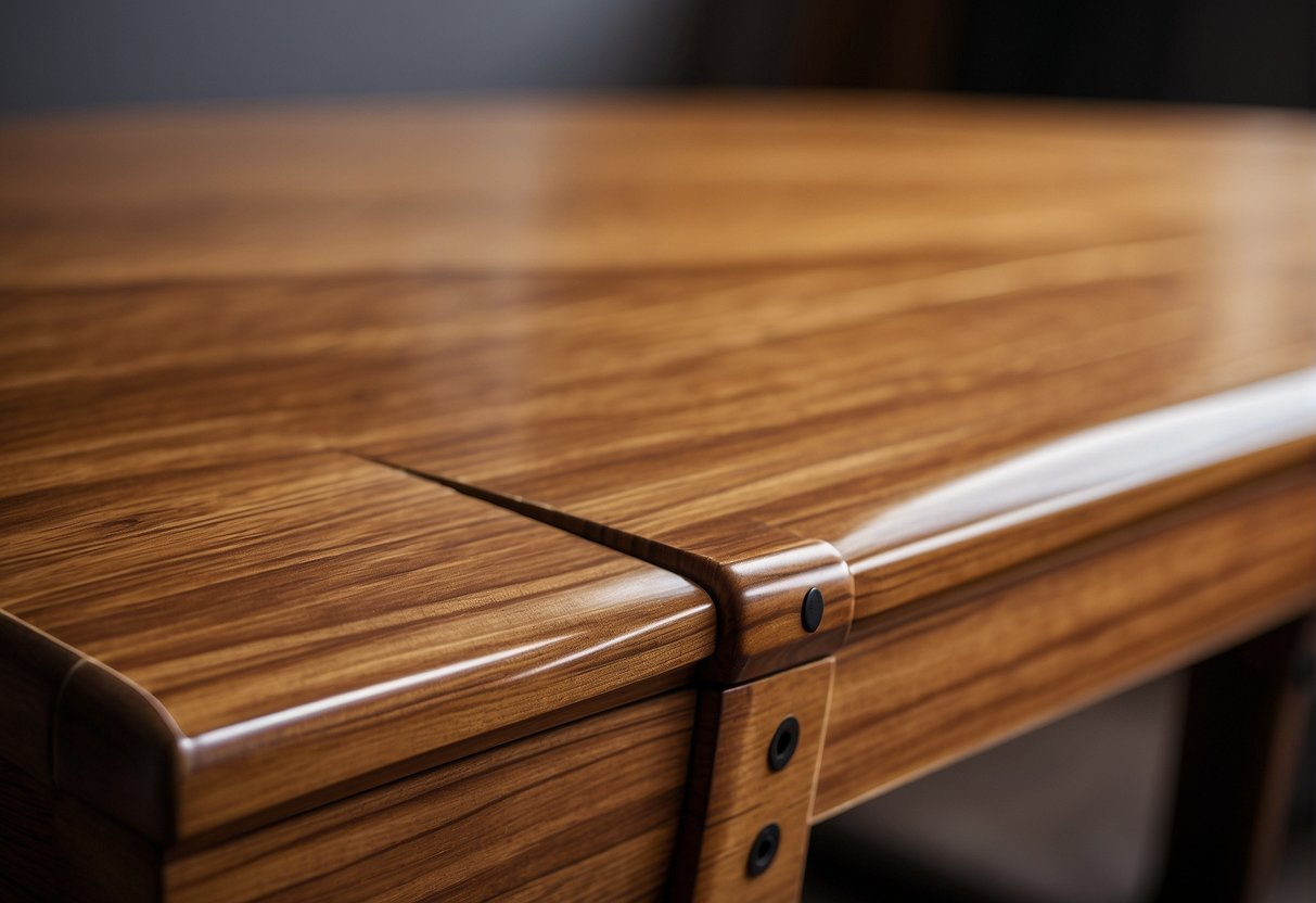 A wooden table coated in Arm R Seal sits next to one coated in polyurethane, showing the contrast in finish and sheen