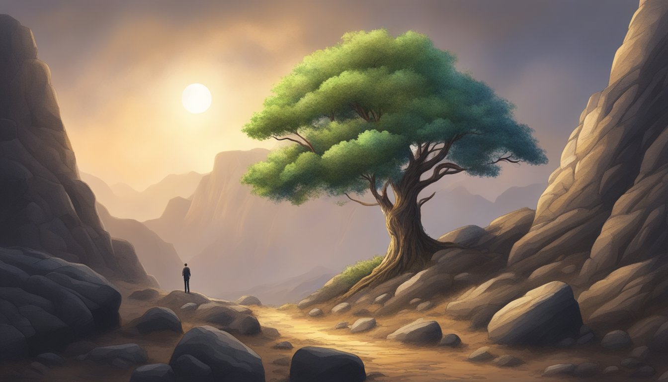 A lone tree growing tall amidst rocky terrain, with a path leading towards a glowing number 1717