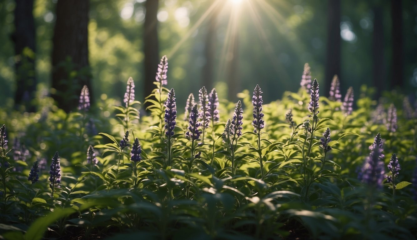 A serene forest clearing with vibrant Salvia Divinorum plants surrounded by a mix of sunlight and shade, illustrating the potential benefits and drawbacks of the plant