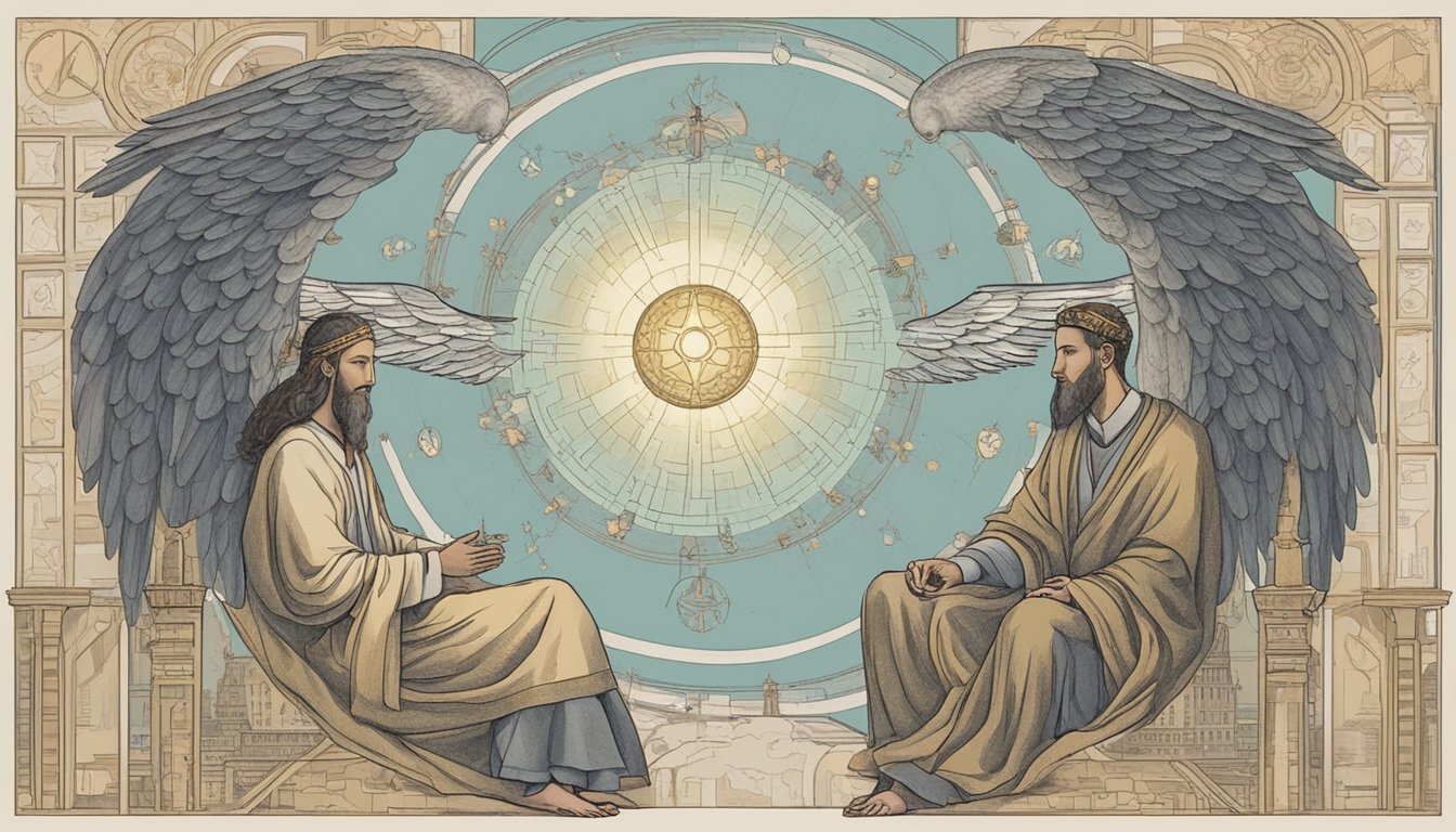 Two figures deep in conversation, surrounded by symbols of spiritual connection.</p><p>Angel number 1717 prominent in the background