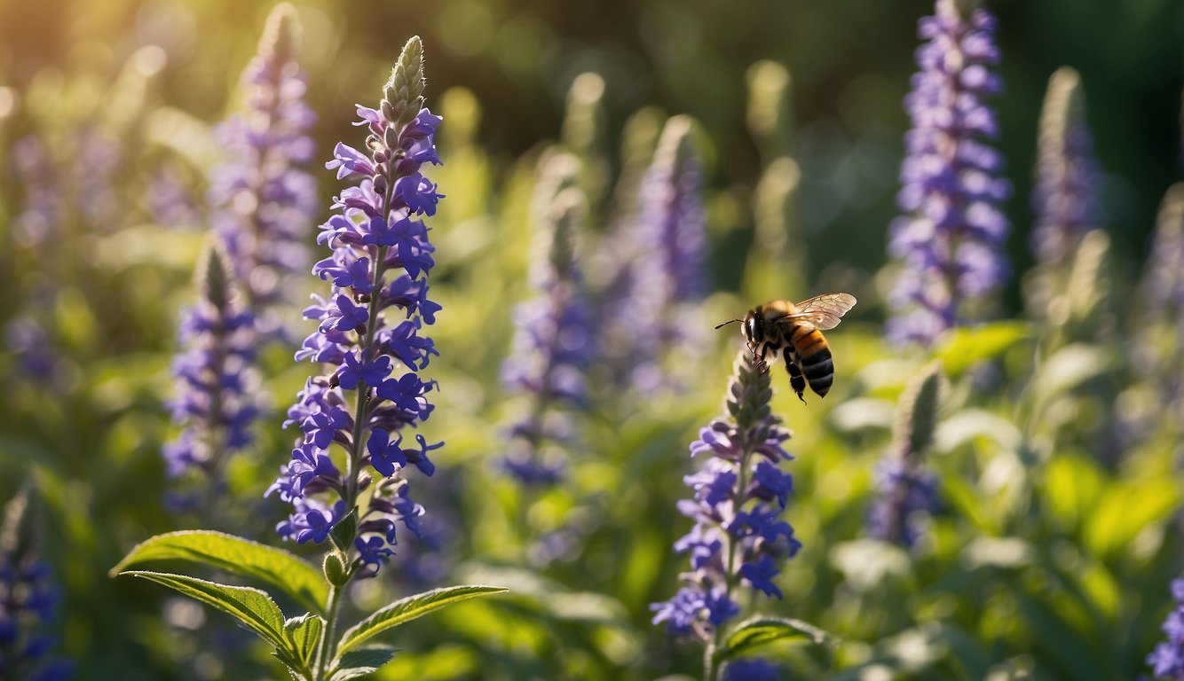 A serene garden with blooming salvia plants, showcasing their vibrant colors and lush foliage. Bees and butterflies flutter around, highlighting the pollination benefits of salvia