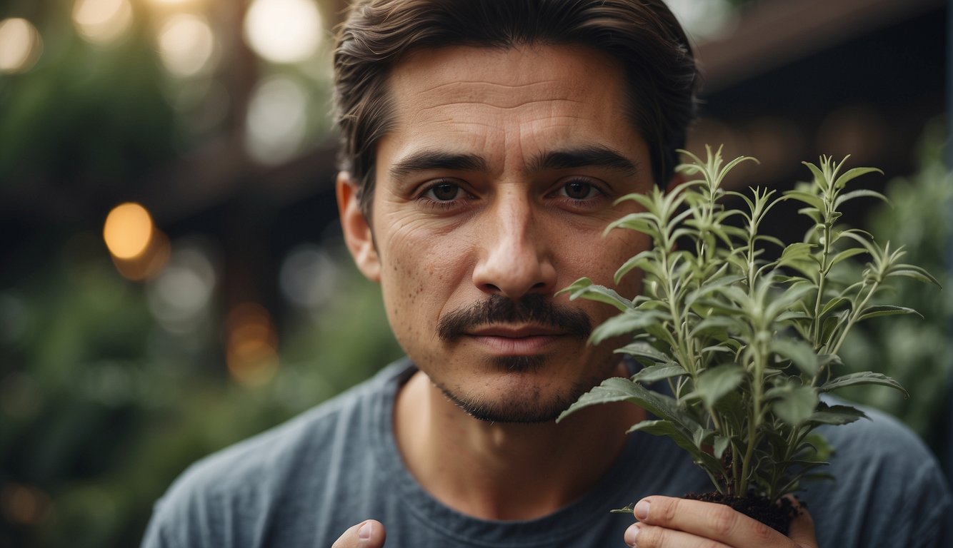 A person holding a wilted and drooping salvia plant, with a disappointed expression on their face