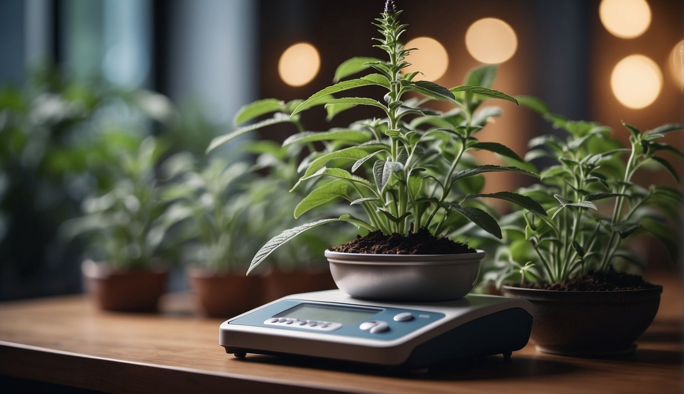 Salvia plant surrounded by a scale, representing pros and cons. Legal documents in the background