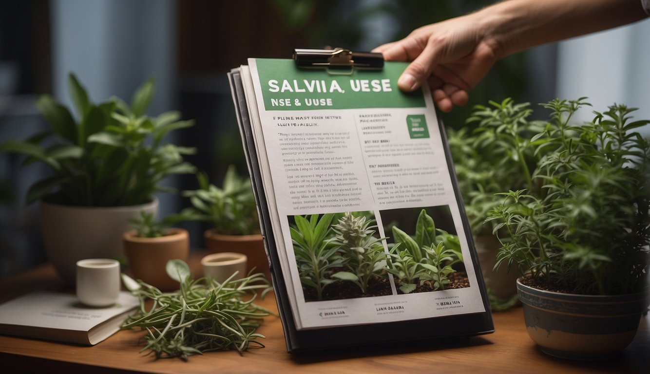 A person reads a pamphlet titled "Guidelines for Safe Salvia Use" while weighing the pros and cons of using the plant. The pamphlet is surrounded by various herbs and plants, emphasizing the natural aspect of the topic