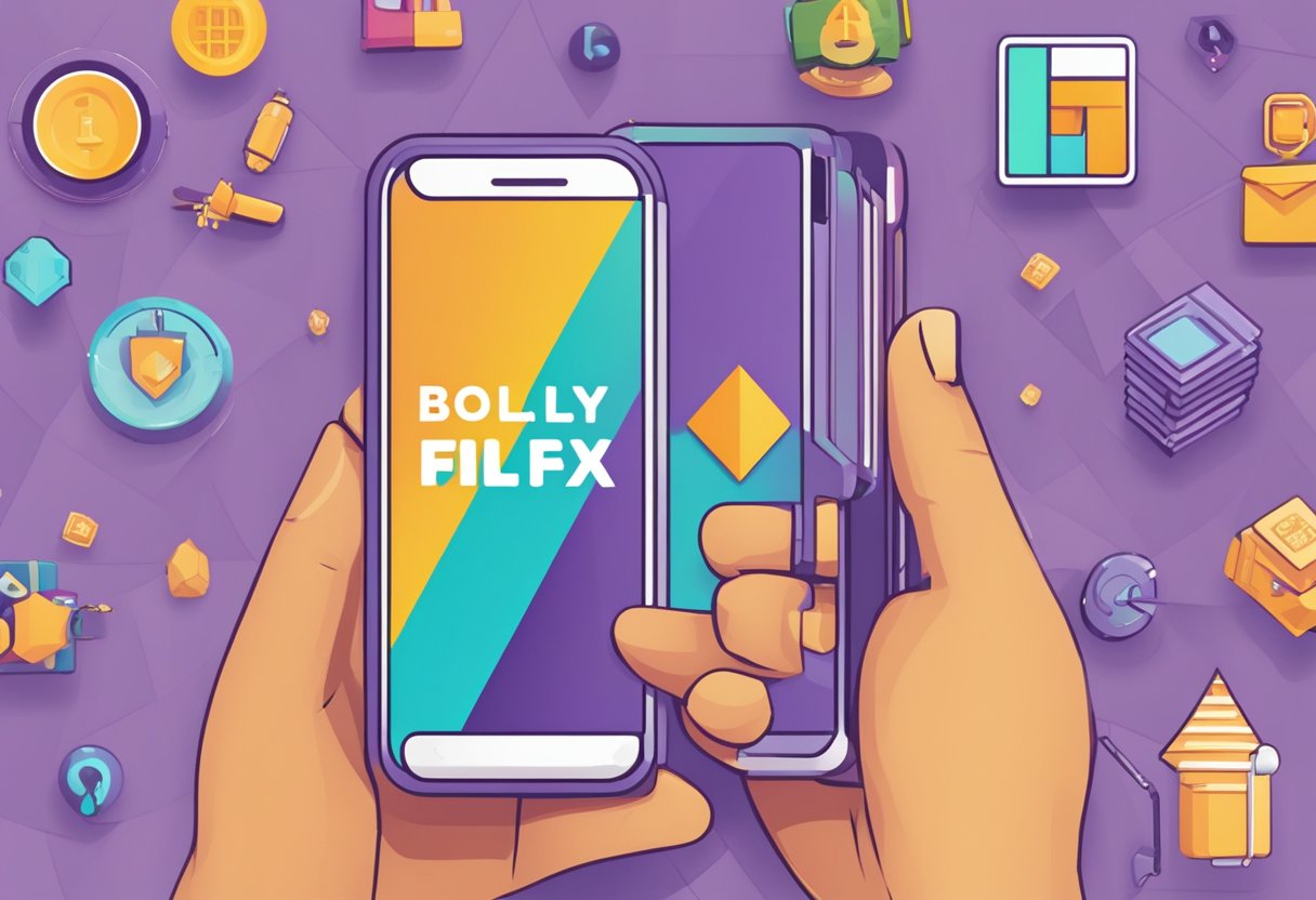A smartphone displaying the Bollyflix APK download page with the app logo and download button