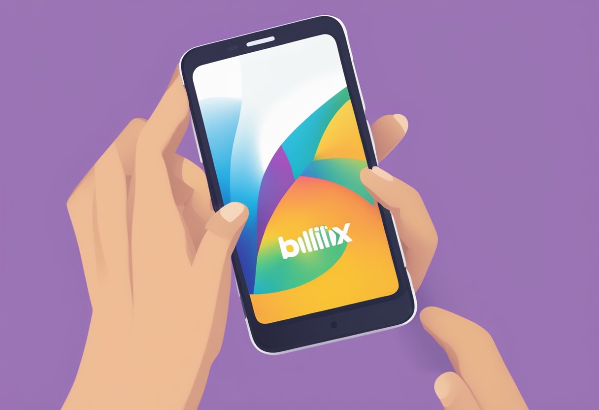 A hand holding a smartphone with the Bollyflix logo displayed on the screen, while the other hand taps on the "Download" button to install the Bollyflix APK
