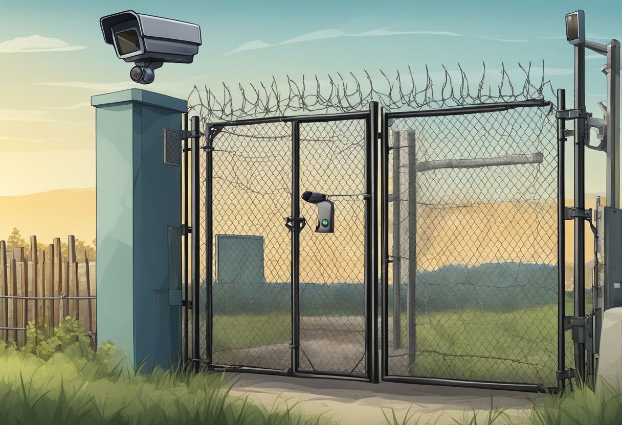 A locked gate with a security camera above, surrounded by a tall fence with barbed wire