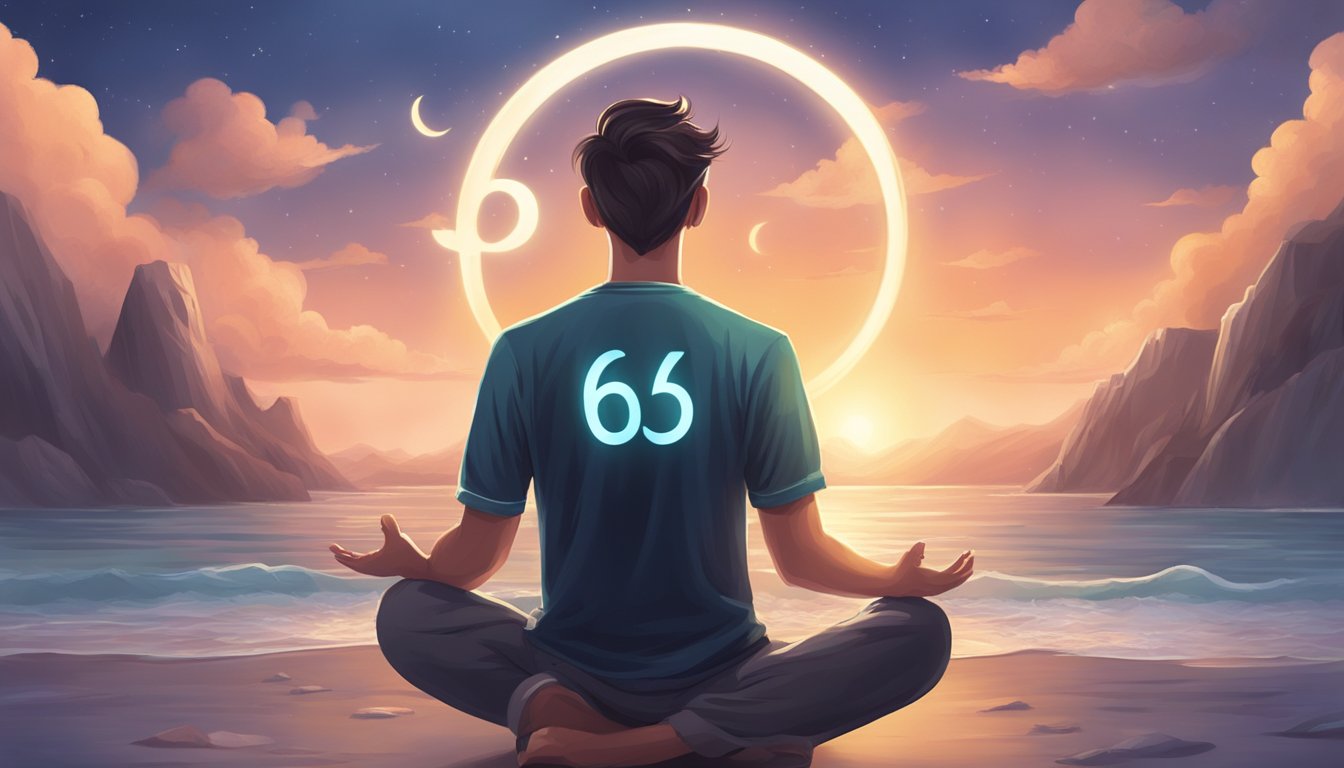 A person sees the number 666 and reacts with calmness and positivity, surrounded by a peaceful and serene atmosphere