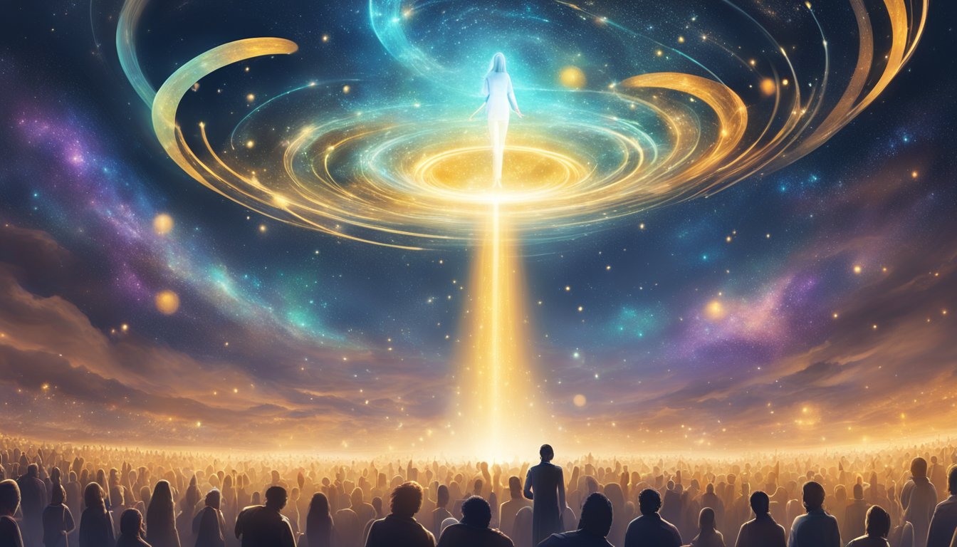 A glowing, celestial figure hovers above a crowd, surrounded by swirling numbers and symbols.</p><!-- wp:group {
