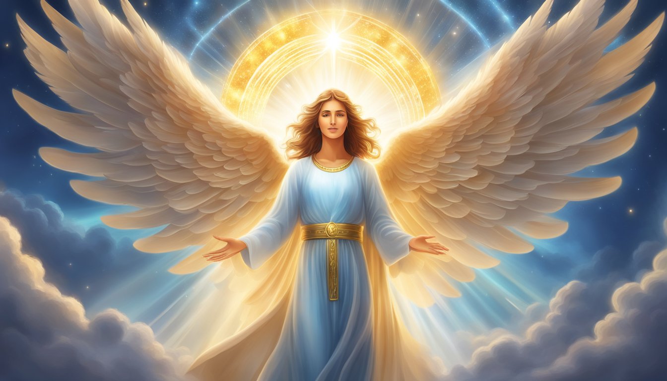 A glowing 999 angel number surrounded by celestial light and spiritual energy, radiating a powerful message of divine guidance and protection