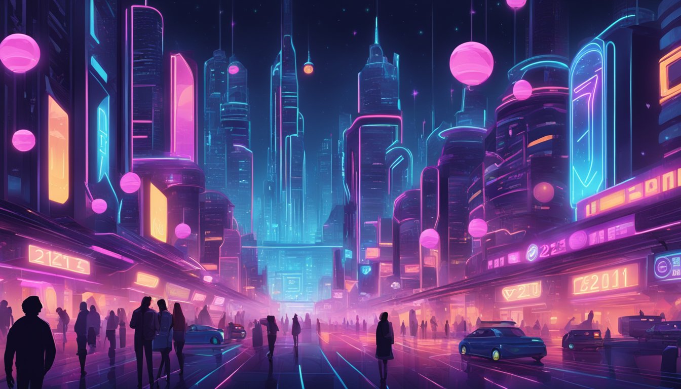 In a futuristic city, the number 2121 glows in neon lights, surrounded by symbols of love and romance