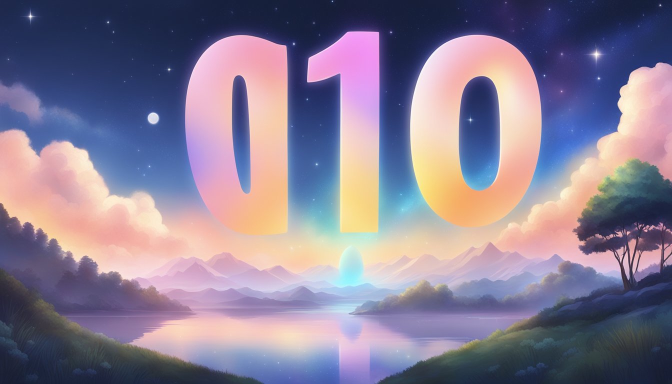 A glowing number "1010" floats above a serene, celestial landscape with a prominent "エンジェルナンバー" text below