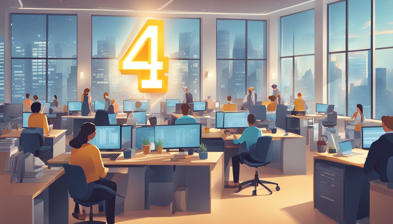 A glowing number 1414 hovers over a busy office scene, with people working diligently at their desks and a sense of productivity and ambition in the air