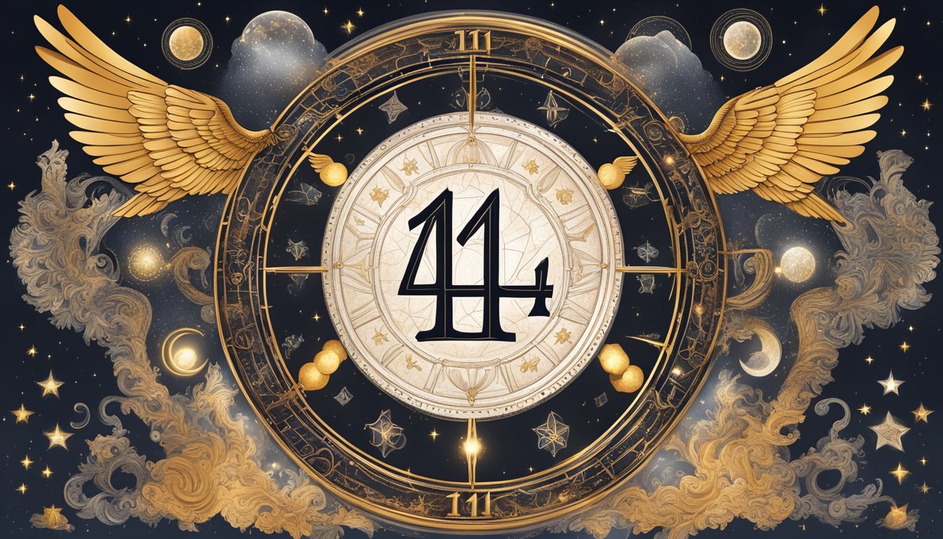 A glowing number "1414" surrounded by celestial symbols and angelic imagery