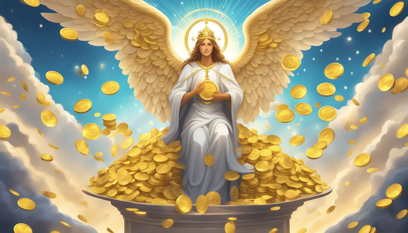 An angelic figure surrounded by shimmering gold coins and ascending career symbols