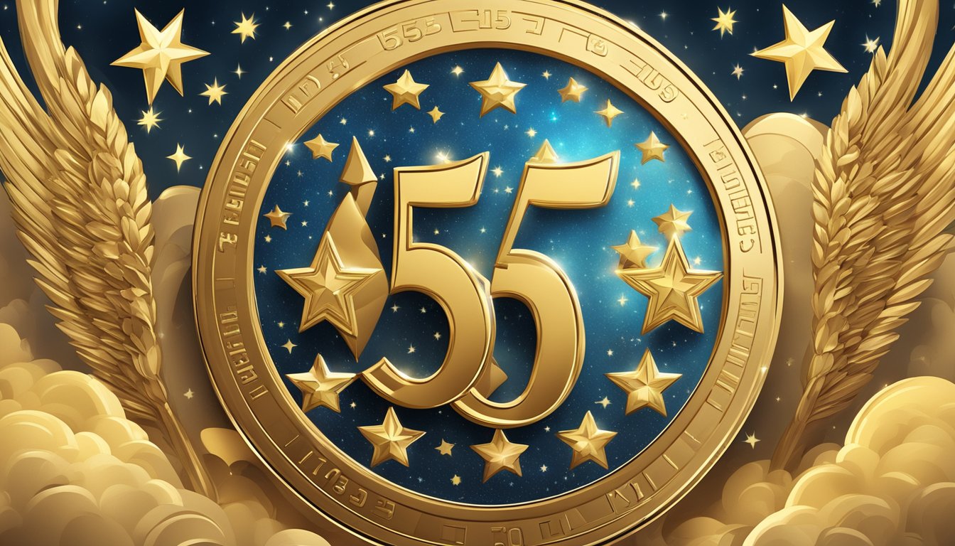 A golden coin with the number 5555 engraved on it, surrounded by shining stars and angelic figures