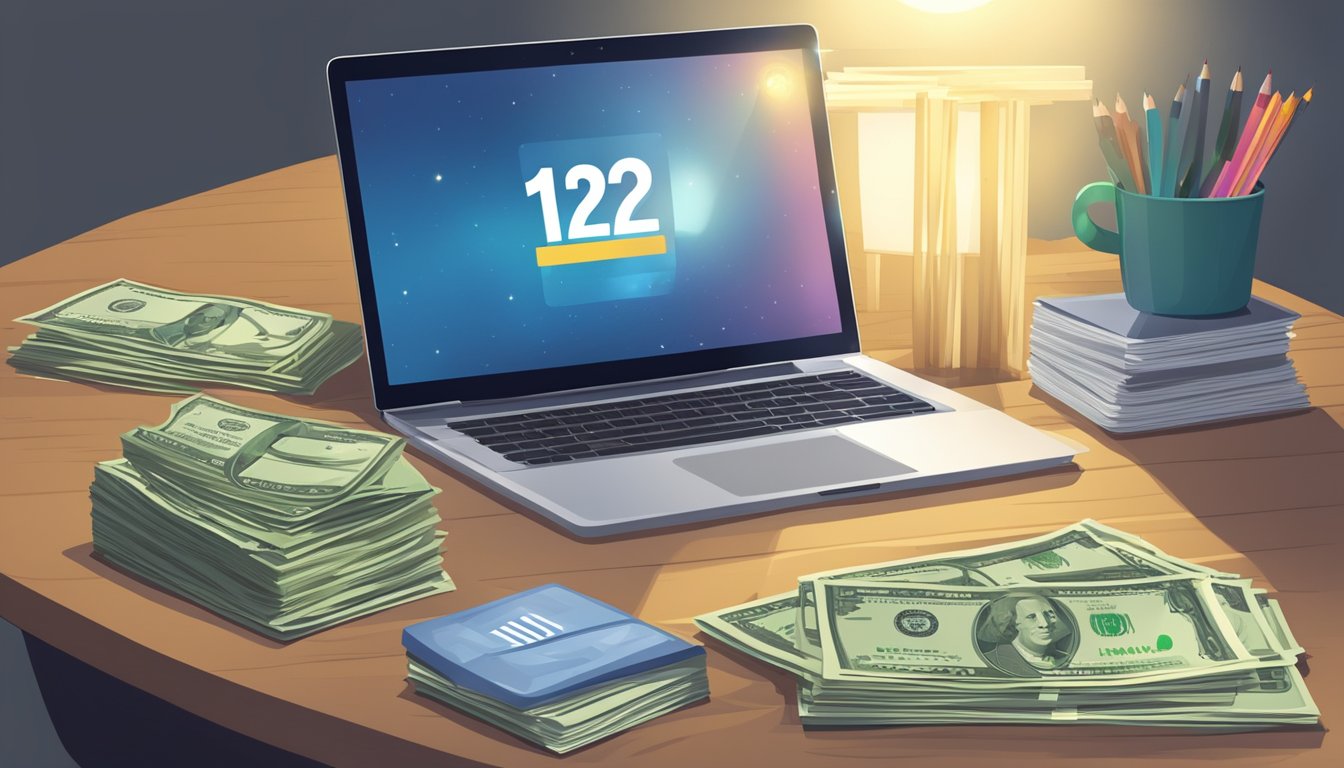 A desk with a laptop, a stack of money, and a calendar showing the date 1212.</p><p>A beam of light shines down on the desk