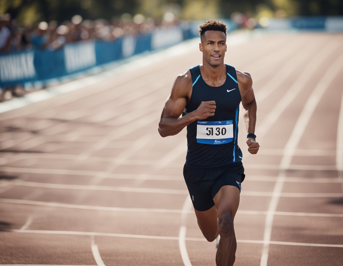 A runner effortlessly glides through the finish line, wearing compression clothing. Muscles appear supported and fatigue-free