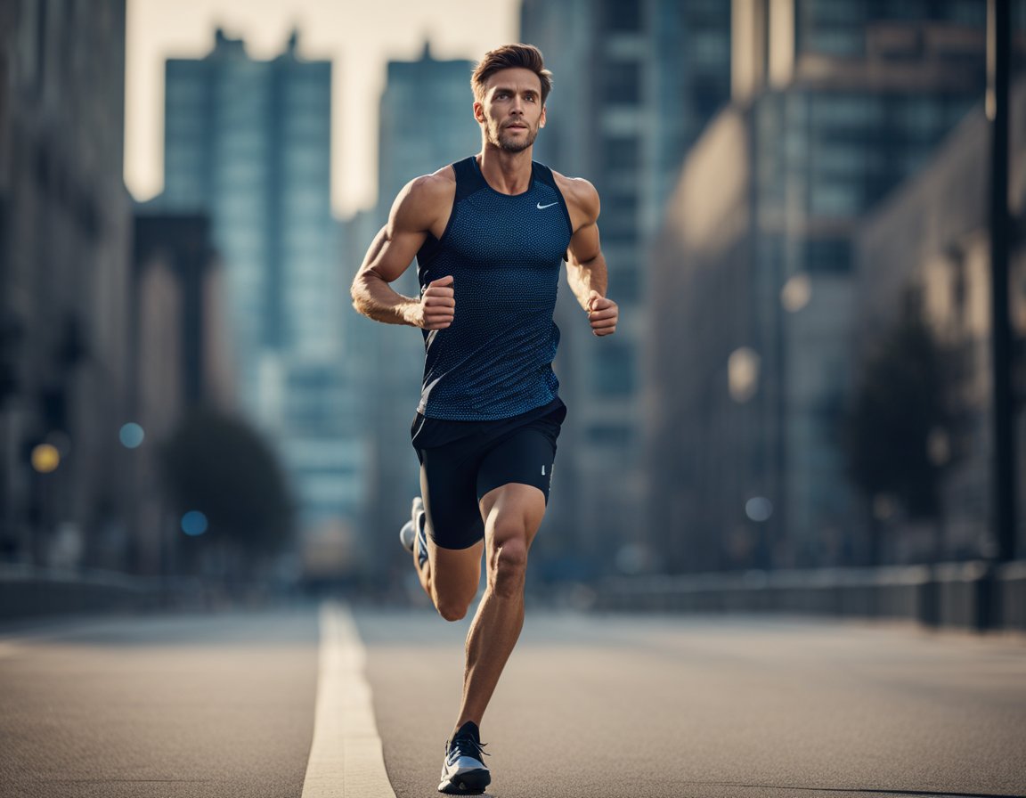 A runner wearing compression clothing, showing improved speed and endurance. Muscles appear supported and streamlined