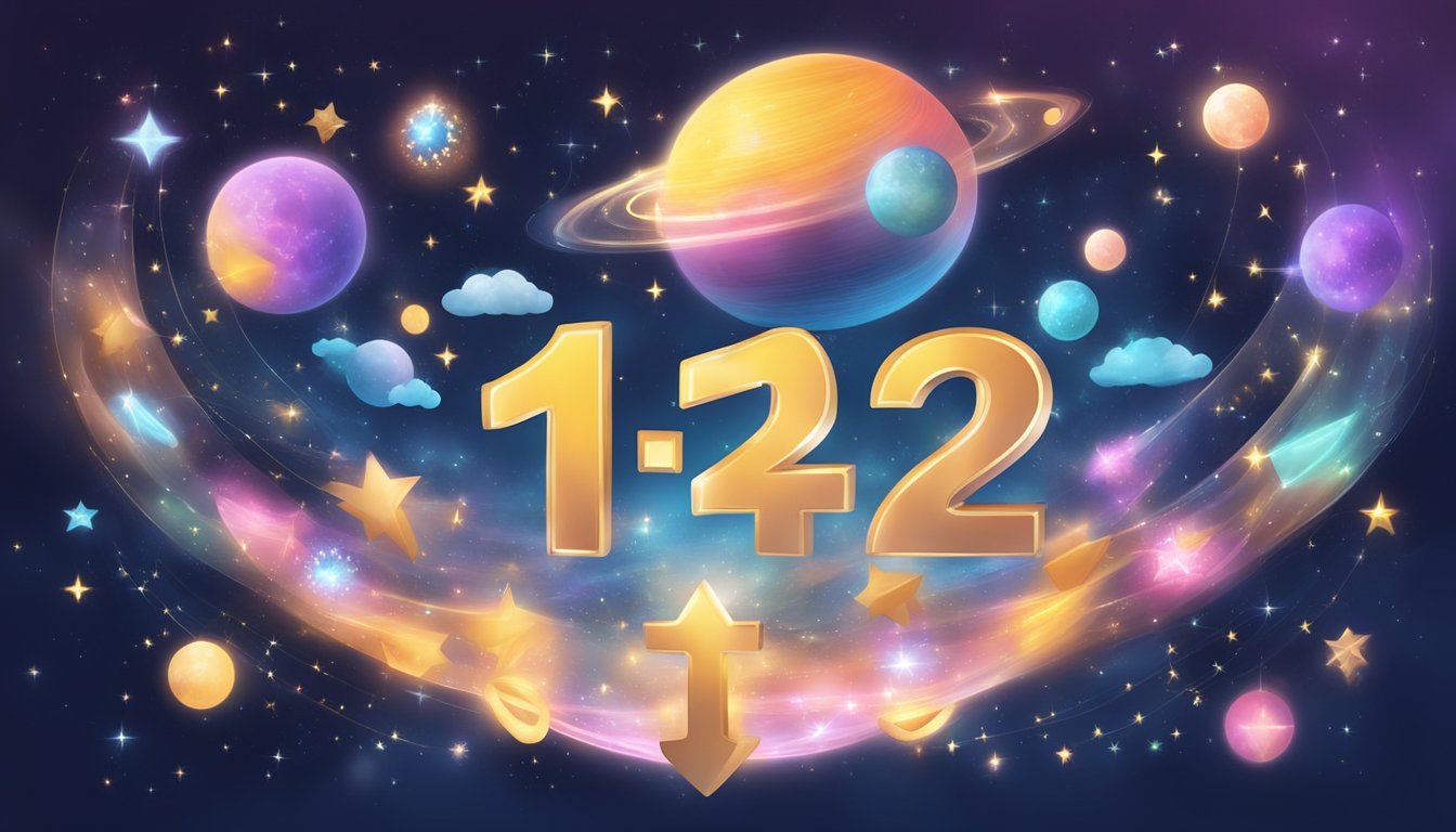 A glowing number "1212" hovers in the air, surrounded by celestial symbols and angelic figures