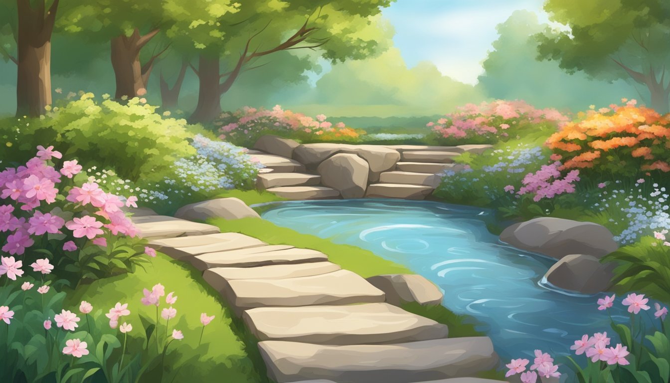 A serene garden with a stone path, surrounded by blooming flowers and a gentle breeze.</p><p>A small stream flows through the scene, reflecting the sunlight