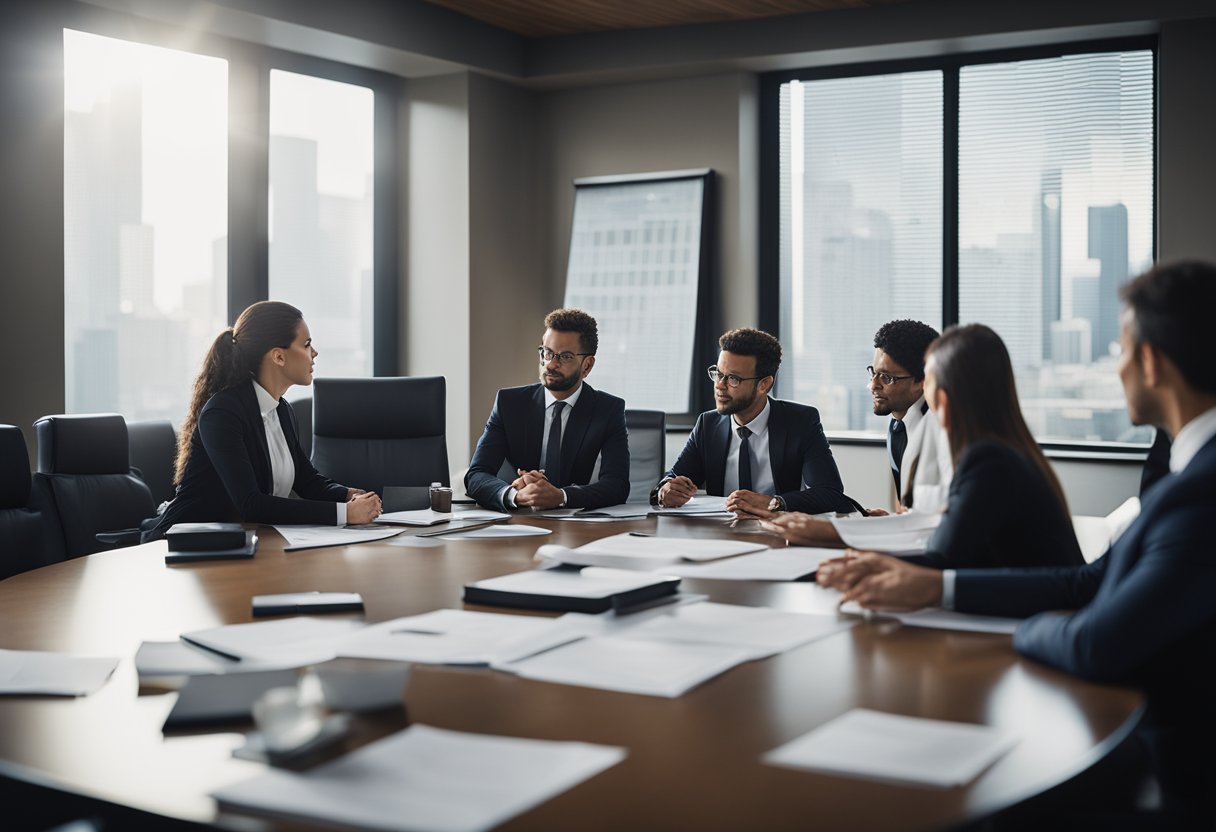 Lawyers strategize in a boardroom, surrounded by legal documents and charts. They engage in intense discussions, analyzing complex litigation cases