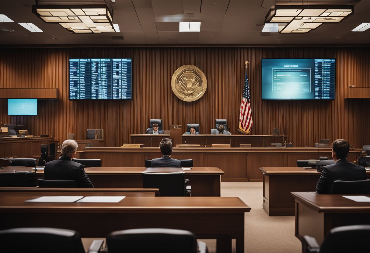 A courtroom with digital screens displaying evidence, lawyers using advanced software, and a judge utilizing technology for case management