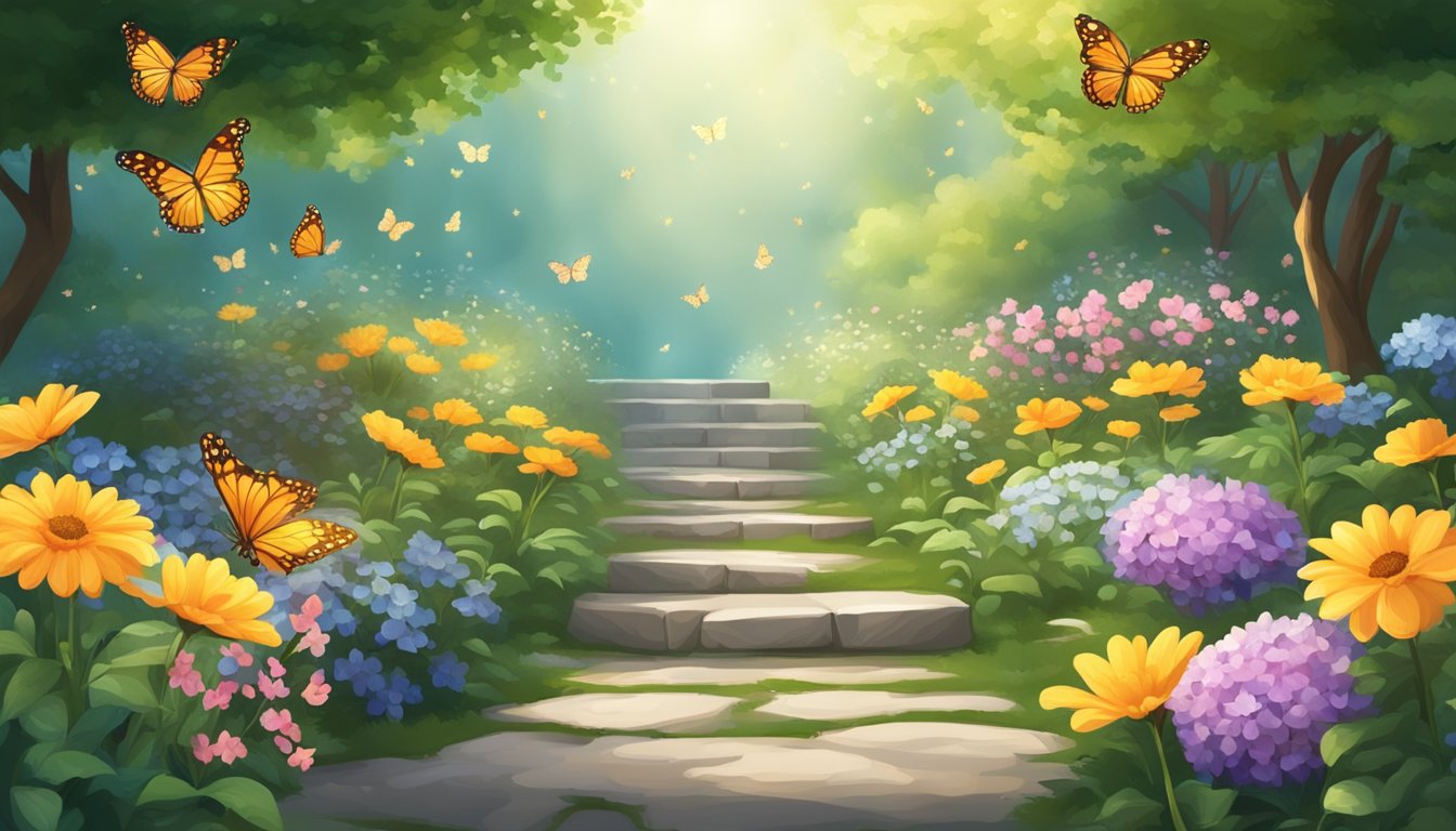 A serene garden with a stone path leading to a glowing number 44 surrounded by blooming flowers and fluttering butterflies
